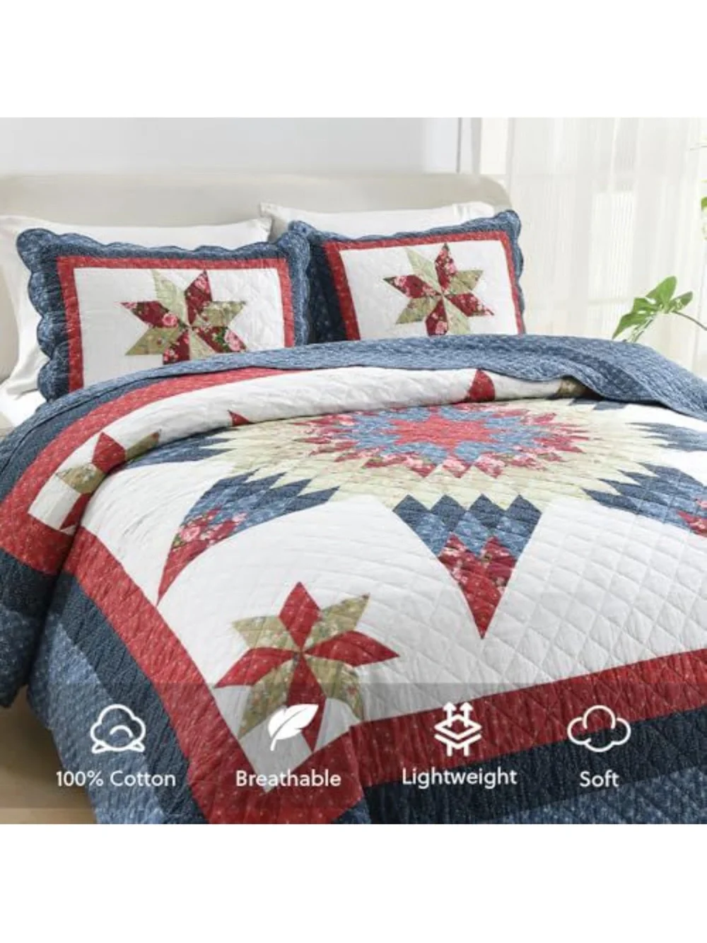Patchwork Star Quilt Set in Blue, Red and White